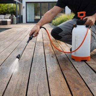 Application dégriseur bois terrasse Application d’un dégriseur bois sur une terrasse extérieure