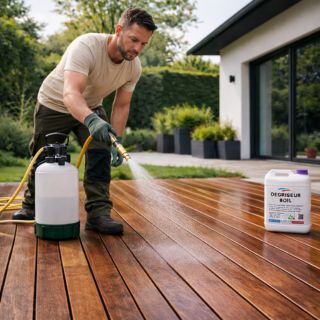Application dégriseur terrasse bois Application d’un dégriseur sur une terrasse en bois