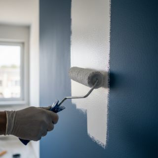 Peintre appliquant une peinture mate filmogène au rouleau microfibre