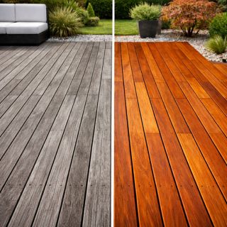 Avant après dégrisage terrasse bois Avant après dégrisage d’une terrasse en bois extérieur