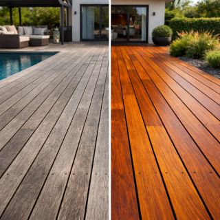 Avant après dégriseur terrasse bois Avant après dégrisage d’une terrasse en bois extérieur