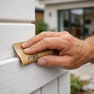 Peindre du bois sans poncer : égrenage léger Égrenage léger grain 180 sur bois déjà peint avant remise en peinture
