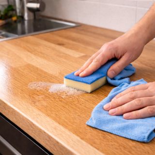Nettoyage doux d’un plan de travail en bois verni