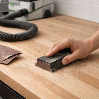 Ponçage du bois avant application d’un fond dur ou d’un bouche pores à l’eau