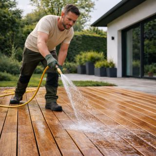 Rinçage terrasse après dégriseur Rinçage d’une terrasse après application du dégriseur