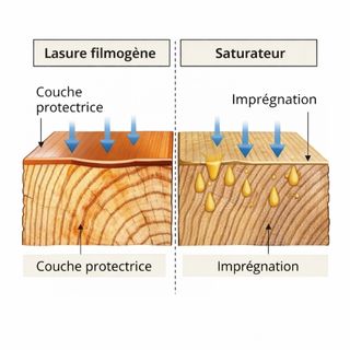 Schéma comparatif : lasure filmogène en surface et saturateur en imprégnation dans les fibres du bois