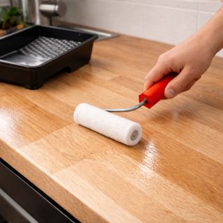 Application d’un vernis monocomposant à l’eau sur un plan de travail en bois