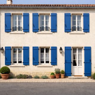 Volets bois peints : protection durable et valorisation de façade Volets en bois peints sur façade de maison, protection durable et esthétique soignée